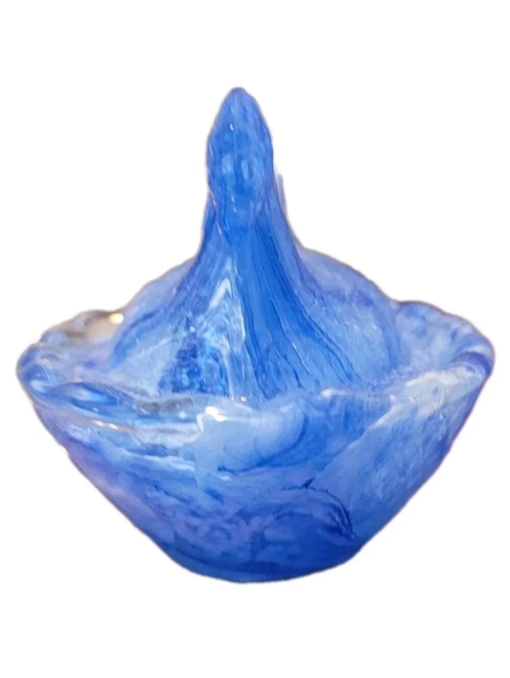 Hen On Nest Salt Cellar Blue Swirled Glass Chicken on Nest Dish Cottage Core